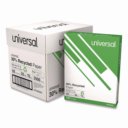 Universal 30% Recycled Copy Paper, 92 Bright, 20 lb, 8.5 x 11, White, PK2500 UNV200305